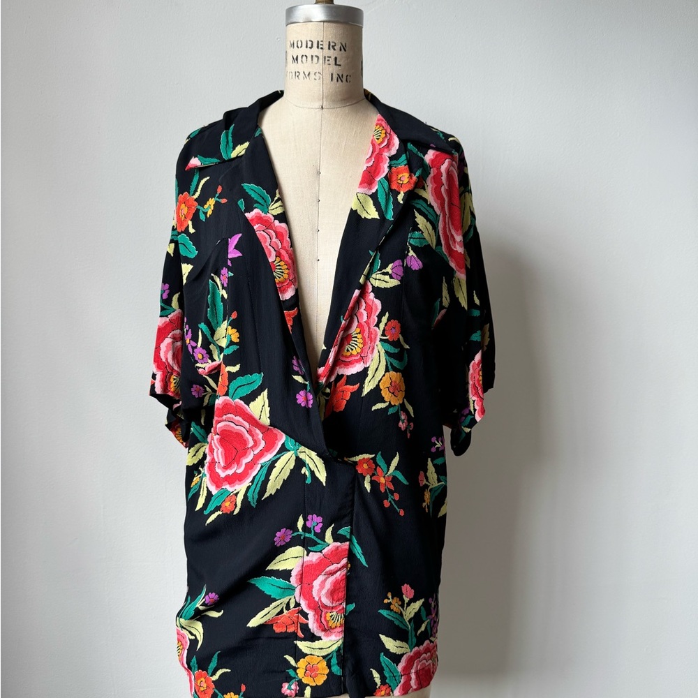 Norma Kamali Black Floral Deep V Top M